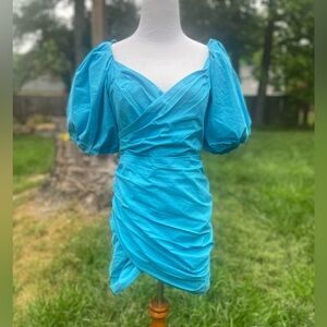 VESTIQUE Ruched Mini Dress Puffed Sleeves Bright Blue wedding Women’s Medium